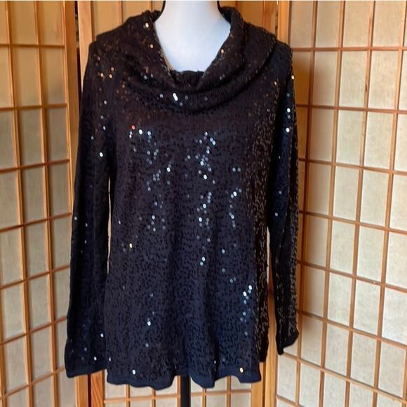 IMAN Sweater Black Cowl Neck Sequins Long Sleeved Sweater - Picture 1 of 13
